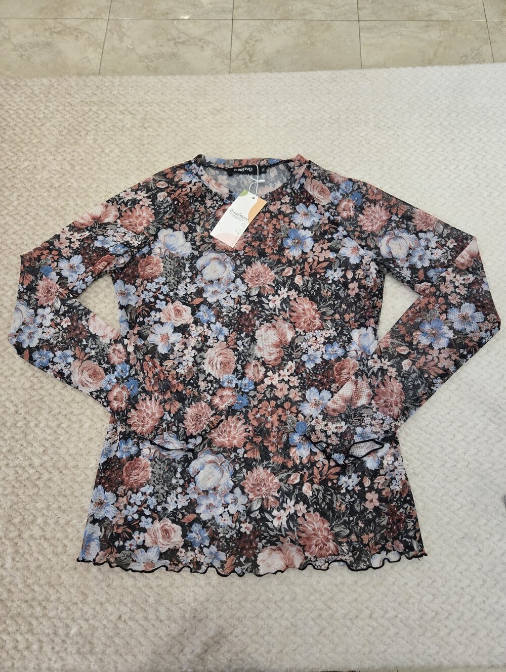 Delmore Floral Mesh Long Sleeve Sheer Top Size M Boho Y2K Romantic Blouse - Picture 4 of 11